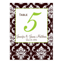 Green Brown Damask Wedding Table Number Card Post Cards