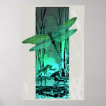 Green Dragonfly and Frog in the Pond Posters