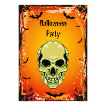 Green Grinning Skull & Bats Halloween Party Custom Invites