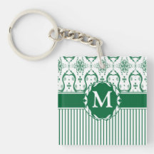 Green on White Damask Key Chain