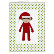 Green Polka Dot Sleepy Sock Monkey Santa Card