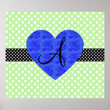 Green polka dots monogram blue roses print