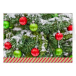 Green Red Ornaments Snowy Tree Holiday Cards cards