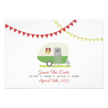 Green Retro Trailer & Wedding Save The Date invitations