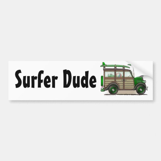 Green Woody Wagon Surfer Dude Bumper Sticker