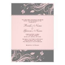 Grey and Pink Floral Swirls Wedding Invitation