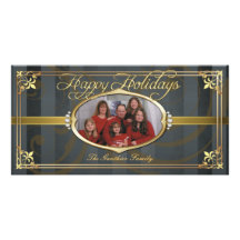 Grey Pinstriped Gold Faux Jewel Photo Cards