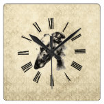 Greyhound Portrait on Elegant Ivory Damask Wall Clock