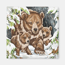 Grizzly Bear Mother and Cubs in Winter Fridge Magnets