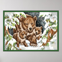 Grizzly Bear Mother and Cubs in Winter Posters
