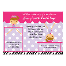 Gymnast Gymnastics Birthday Party Invitation Zebra