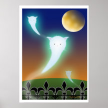 Halloween Poster Three Kawaii Cat Ghosts