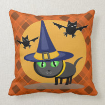 Halloween Witch Cat & Bats Throw Pillow