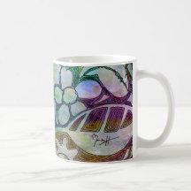 Hand Carved Leaves and Flowers - in Green Blue Coffee Mugs