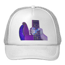 Hand holding bass guitar blue and purple photo trucker hats