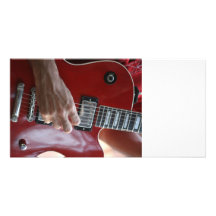 Hand playing red electric guitar near pickup personalized photo card