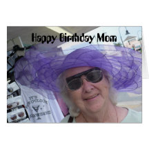 Happy Birthday Mum, lady in purple hat Greeting Cards