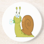 happy cartoon snail with flower drink coaster
