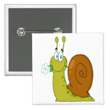happy cartoon snail with flower pinback button