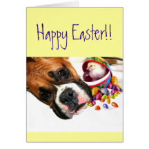 Happy Easter Boxer puppy and Chick greeting card