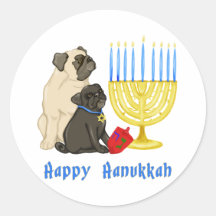Happy Hanukkah Pugs and Menorah Stickers