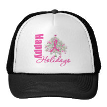 Happy Holidays Breast Cancer Pink Ribbon Mesh Hat