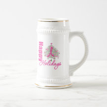 Happy Holidays Breast Cancer Pink Ribbon Coffee Mugs
