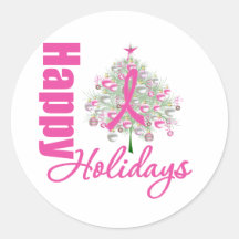 Happy Holidays Breast Cancer Pink Ribbon Round Sticker