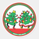 Happy Holidays Funny Dancing Christmas Trees Round Sticker