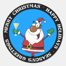 Happy Holidays Toast from Black Santa Round Stickers