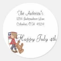 Happy July 4th Boy/Bear & Flag Address Labels Round Sticker