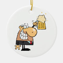 happy man cartoon celebrating with beer ornaments