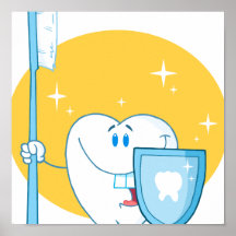 Happy Smiling Tooth With Toothbrush And Shield Poster