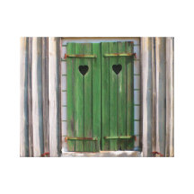 Hearts on Green Shutters, France Stretched Canvas Print