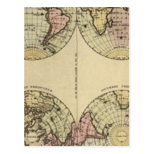 Hemispheres Hand Coloured Atlas Map Post Cards