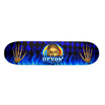 Henry skull blue fire and flames skateboard design