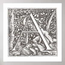 Hercules Slaying the Lion with Letter A Monogram Posters