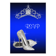High Heels Tiara Royal Blue Quinceanera RSVP Custom Invitations