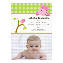 Hippo and Birdie Baby Birth Announcement (green)