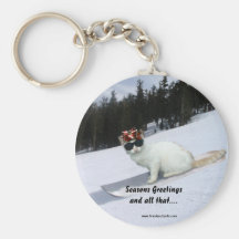 Holiday Keychain features cat on a snowboard