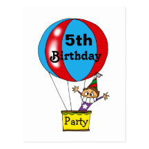 Hot air balloon 5th birthday party invitations postcard