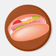 Hot dog on a bun with all the fixin's fridge magnets