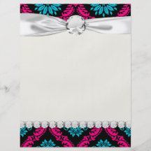 hot pink and aqua blue black ornate damask full color flyer