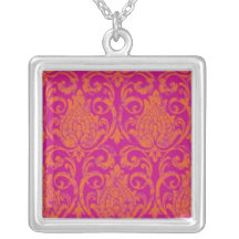 Hot Pink and Orange Damask Necklace