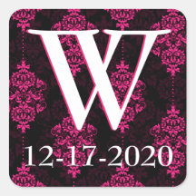 Hot Pink Damask & Black Wedding Envelope Seals Stickers
