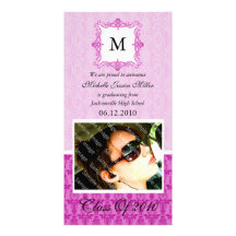 Hot Pink Damask Initial Graduation Photo Card
