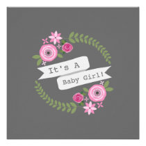 Hot Pink Floral Wreath & Banner Girl Baby Shower invitations