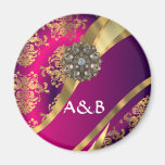 Hot pink Magenta & gold damask Magnet
