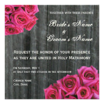 Hot Pink Rose and Barnwood Wedding Invitation