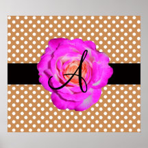 Hot pink rose monogram brown polka dots poster